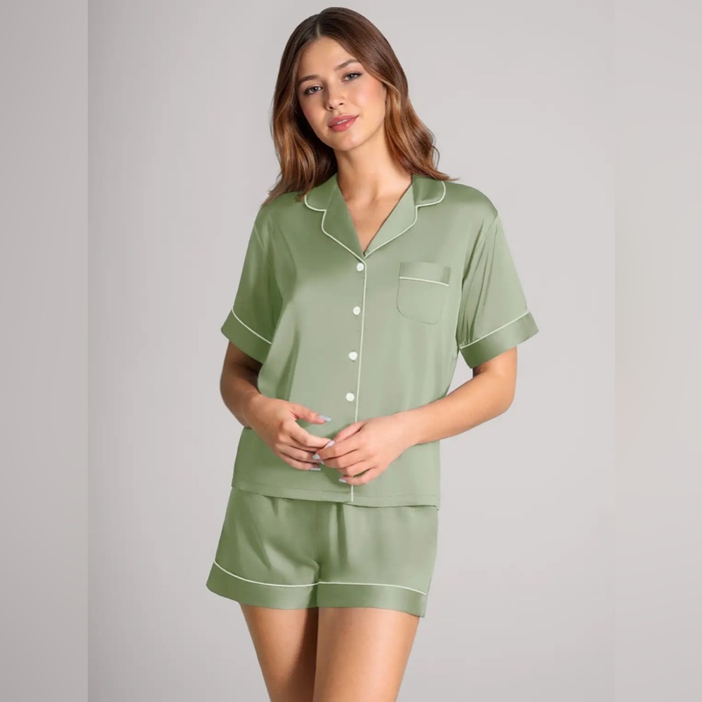 Azazie Satin Contrast Piping Pajama Set - Picture 2 of 5